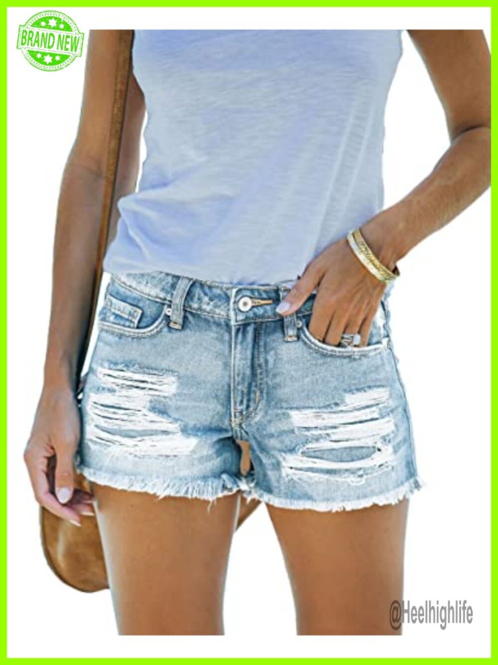 Women's Stretchy Ripped Mid Waisted Denim Shorts Casual Frayed Raw Hem